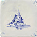 Blue and white delftware tile featuring a painted church on an island from traditional english delft chapel collection