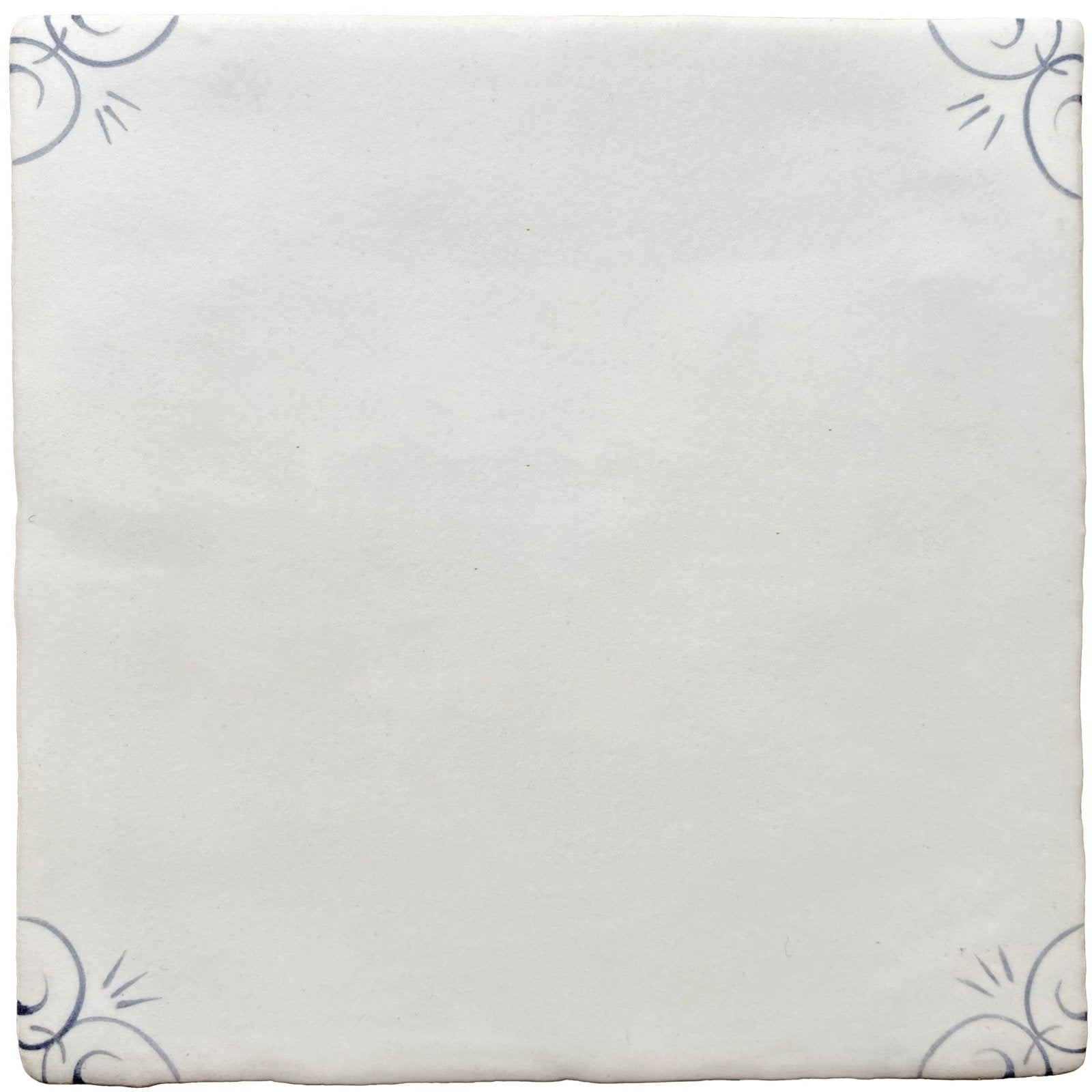 Traditional english delft corner white ceramic tile with subtle gray decorative swirls in each corner