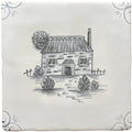 A square ceramic tile with a hand-drawn black ink illustration of a rustic stone cottage in traditional english delft style