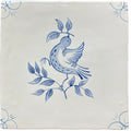 A square ceramic tile featuring a delicate blue delftware dove on off-white background traditional english delft style