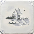 White ceramic tile with black ink illustration of a traditional english delft mill house and waterwheel