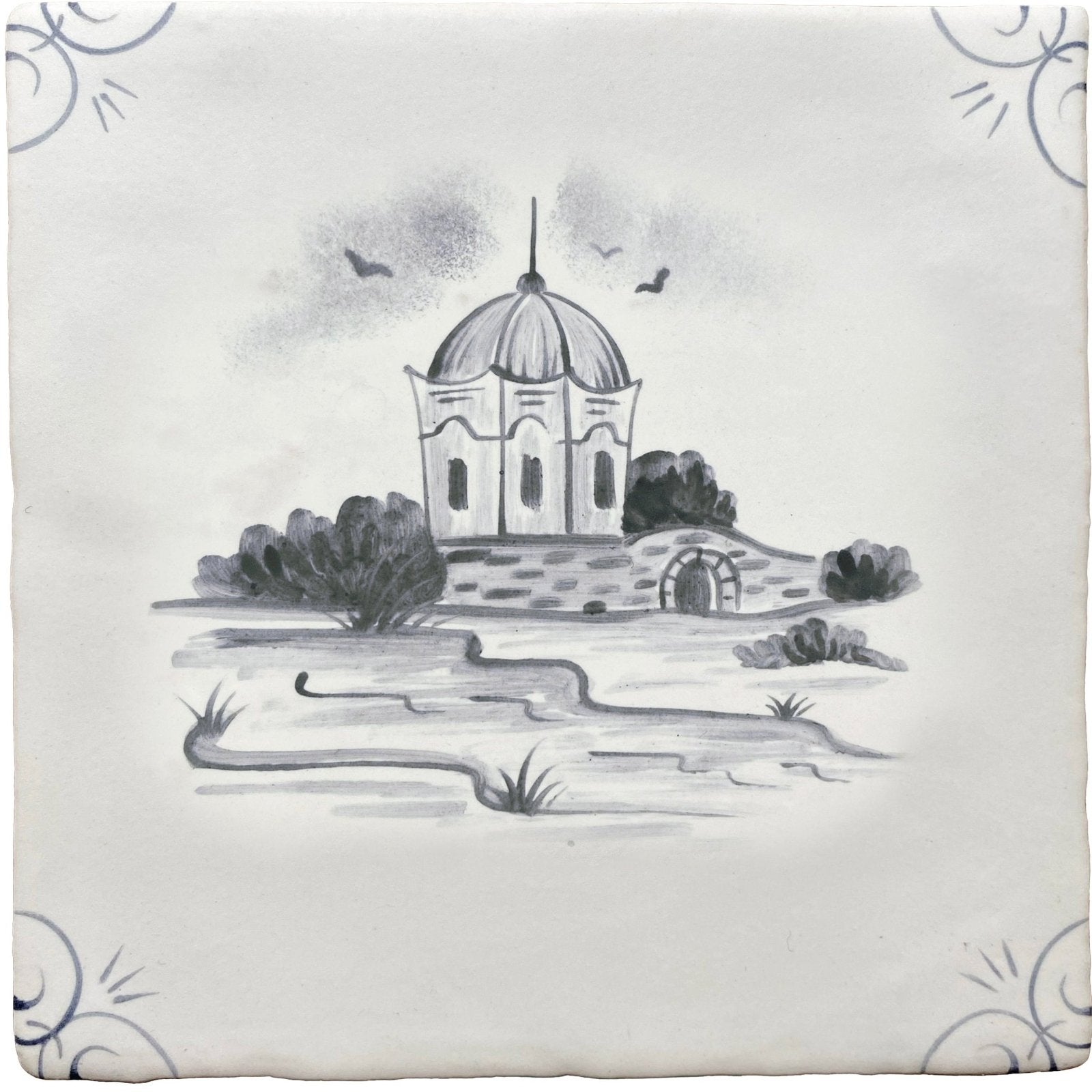 A square traditional english delft ceramic tile with a hand-painted black and white observatory pavilion design