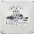 A square traditional english delft ceramic tile with a hand-painted black and white observatory pavilion design