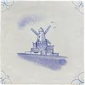Traditional english delft blue and white ceramic tile featuring a traditional dutch windmill design