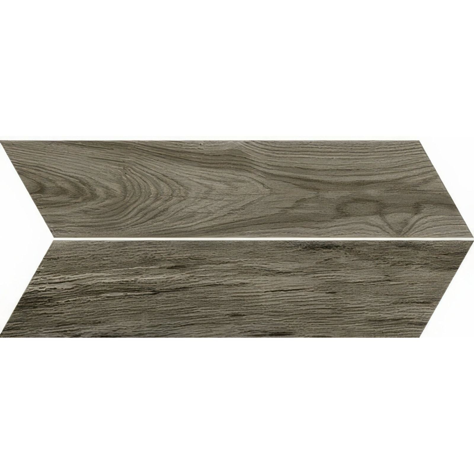 Gray wood-grain vinyl plank flooring tile with realistic textured surface in tree-soul grey chevron matt design