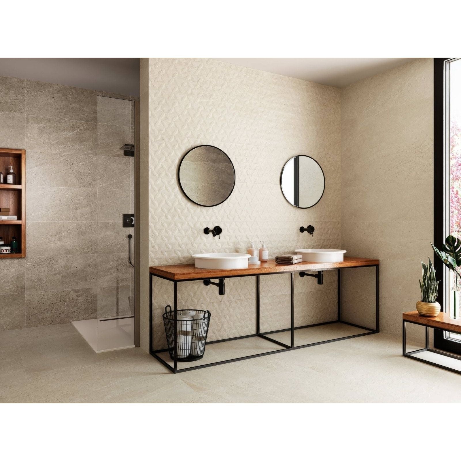 Trevi 1817 Cream Matt beige ceramic tiles with a double vanity and two sinks