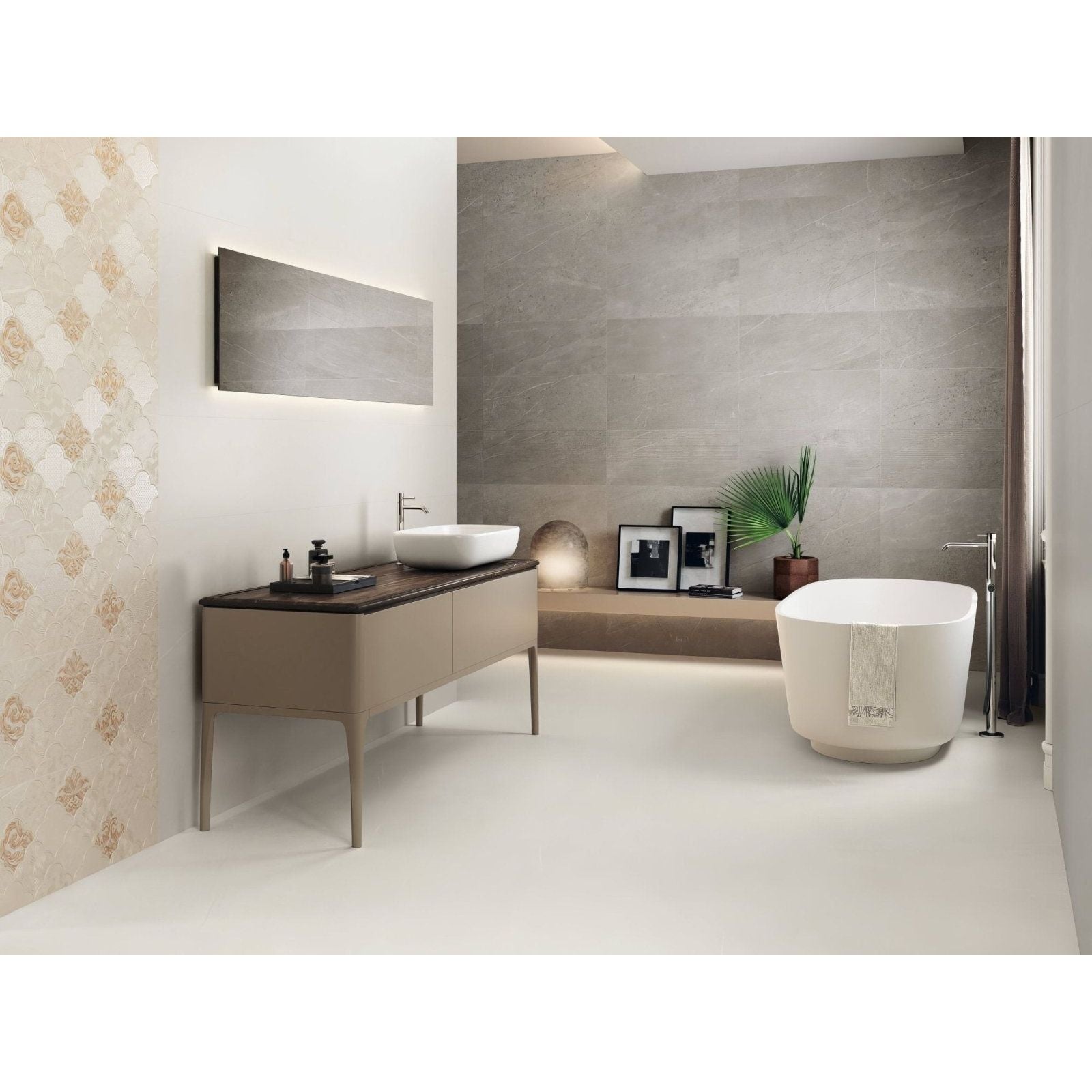 Trevi 1817 White Matt off-white stone-effect tiles with a freestanding bathtub