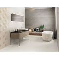 Trevi 1817 White Matt off-white stone-effect tiles with a freestanding bathtub
