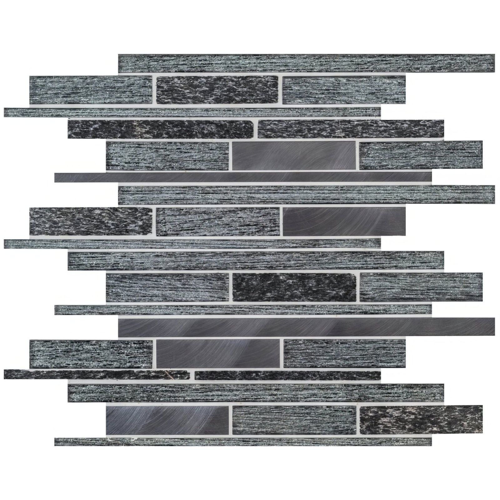 Gray and black textured glass mosaic tile with a modern linear design in tribune linear mixed material mosaic