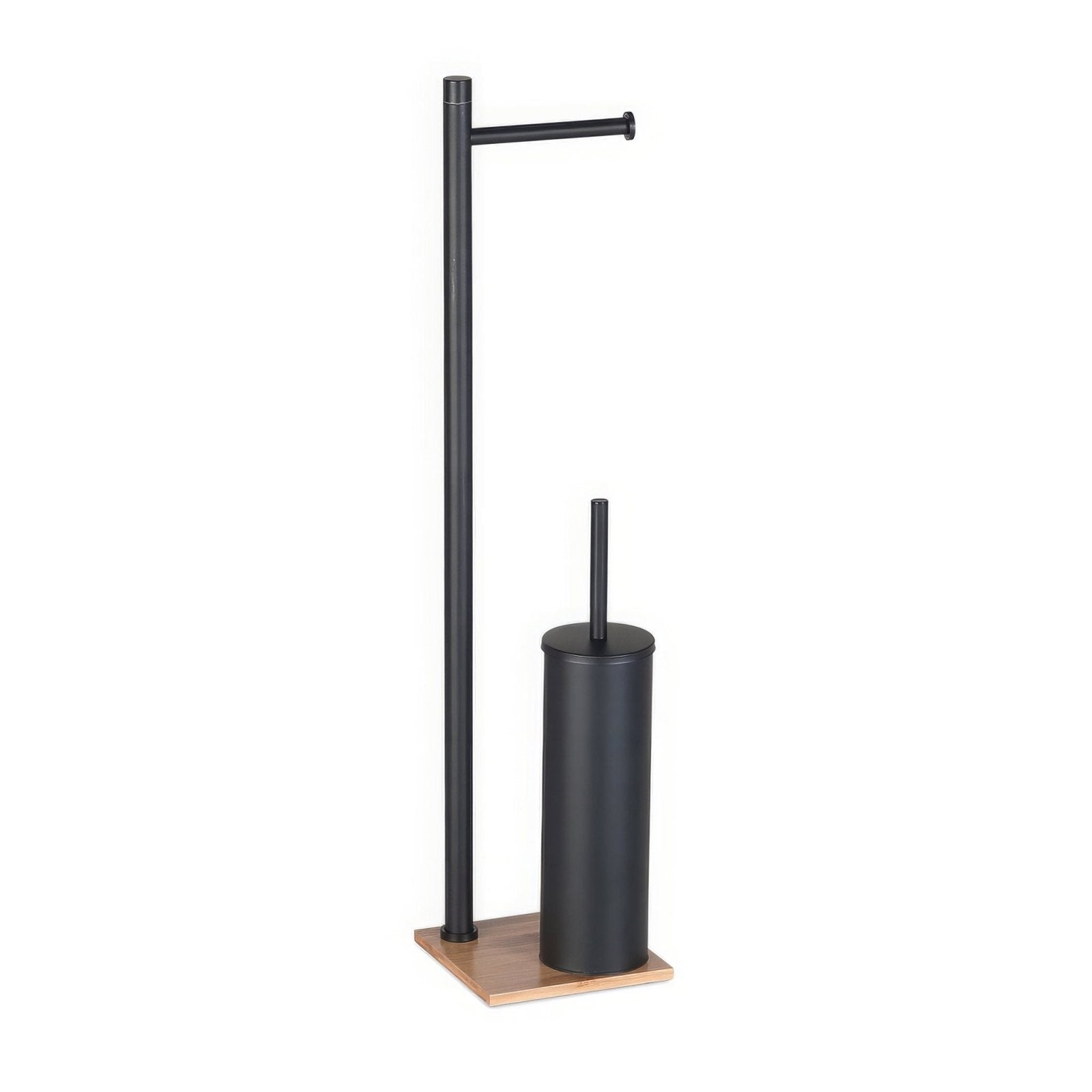 Black matte finished metal toilet paper holder and brush stand with wooden base by trilly bathroom butler black bamboo