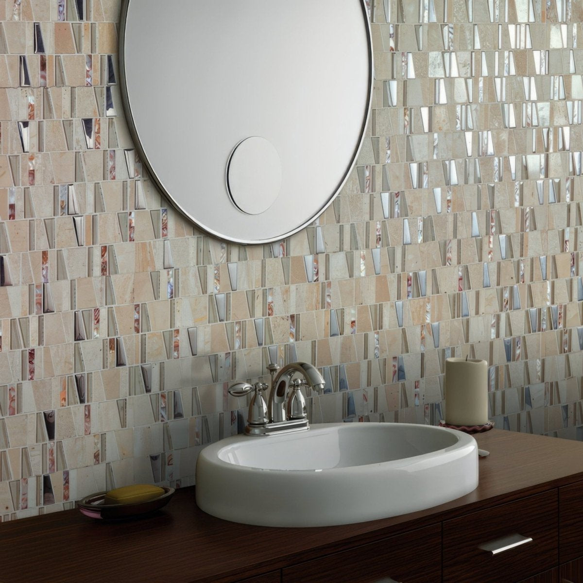 Trip Asi Beige Mosaic beige reflective glass mosaic with a white sink and dark wood vanity