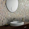 Trip Asi Beige Mosaic beige reflective glass mosaic with a white sink and dark wood vanity