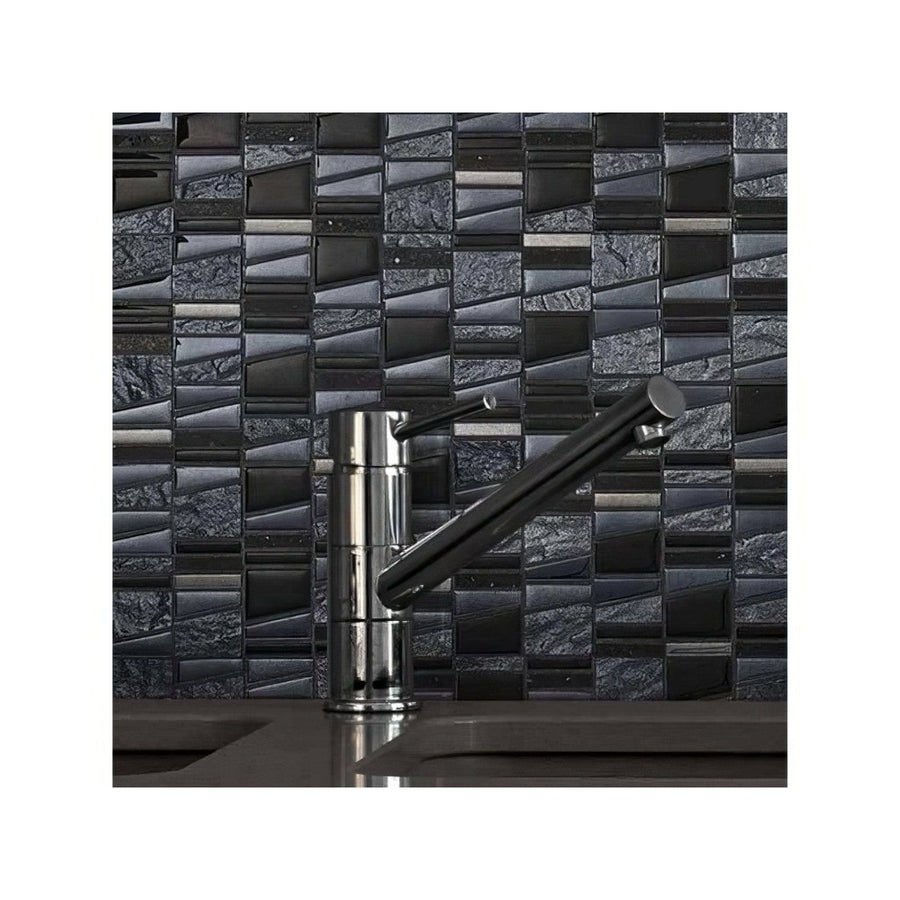 Trip Asi Negro Mosaic black mosaic backsplash with a black and chrome kitchen tap