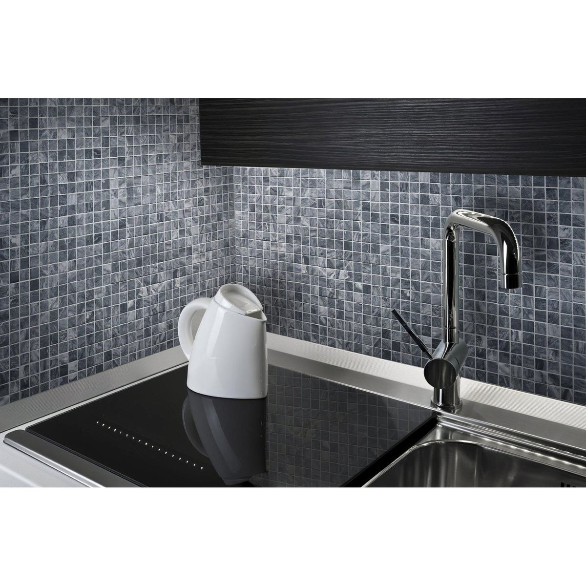 Trip Cloudy Grey Mosaic grey and white marble mosaic with a white electric kettle