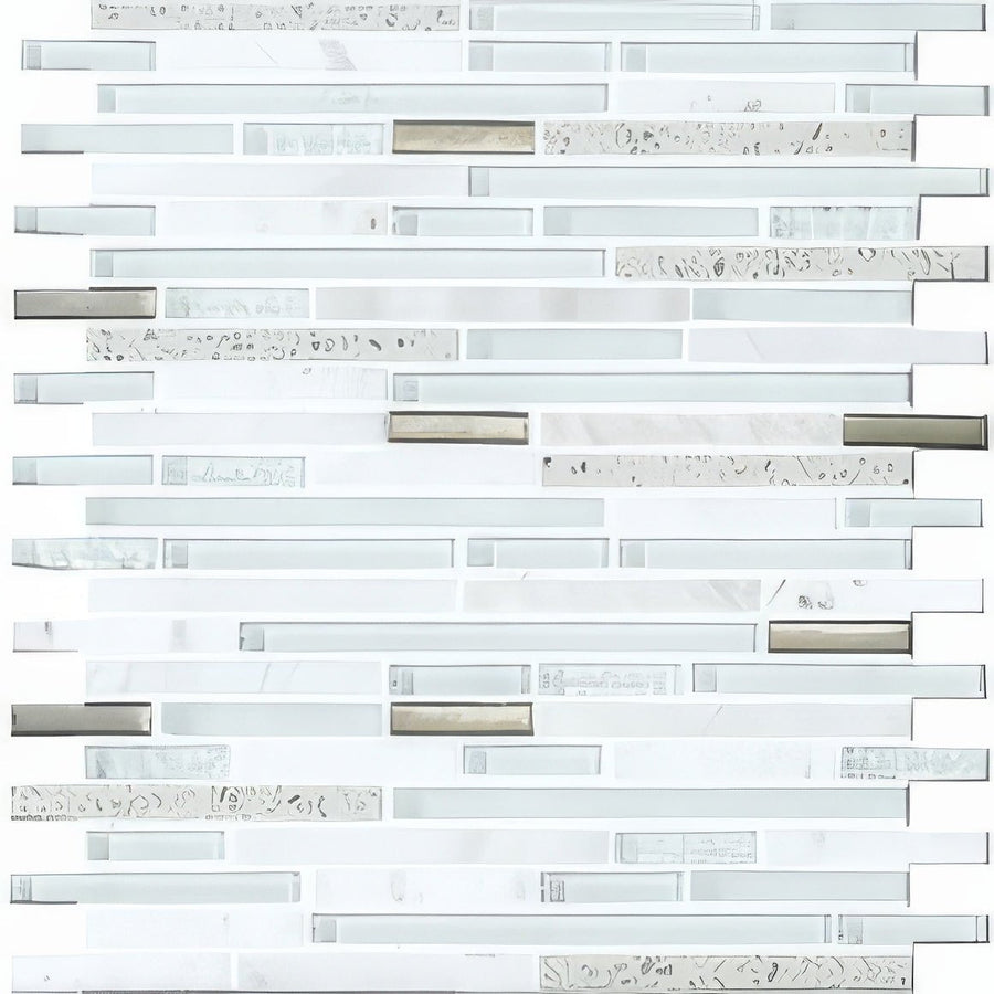 Trip lluvia blanco mosaic modern glass mosaic tile panel with horizontal frosted white clear and metallic silver strips
