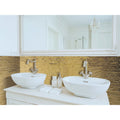 Trip Lluvia Gold Oro Mosaic gold glass mosaic with white vessel sinks and silver taps