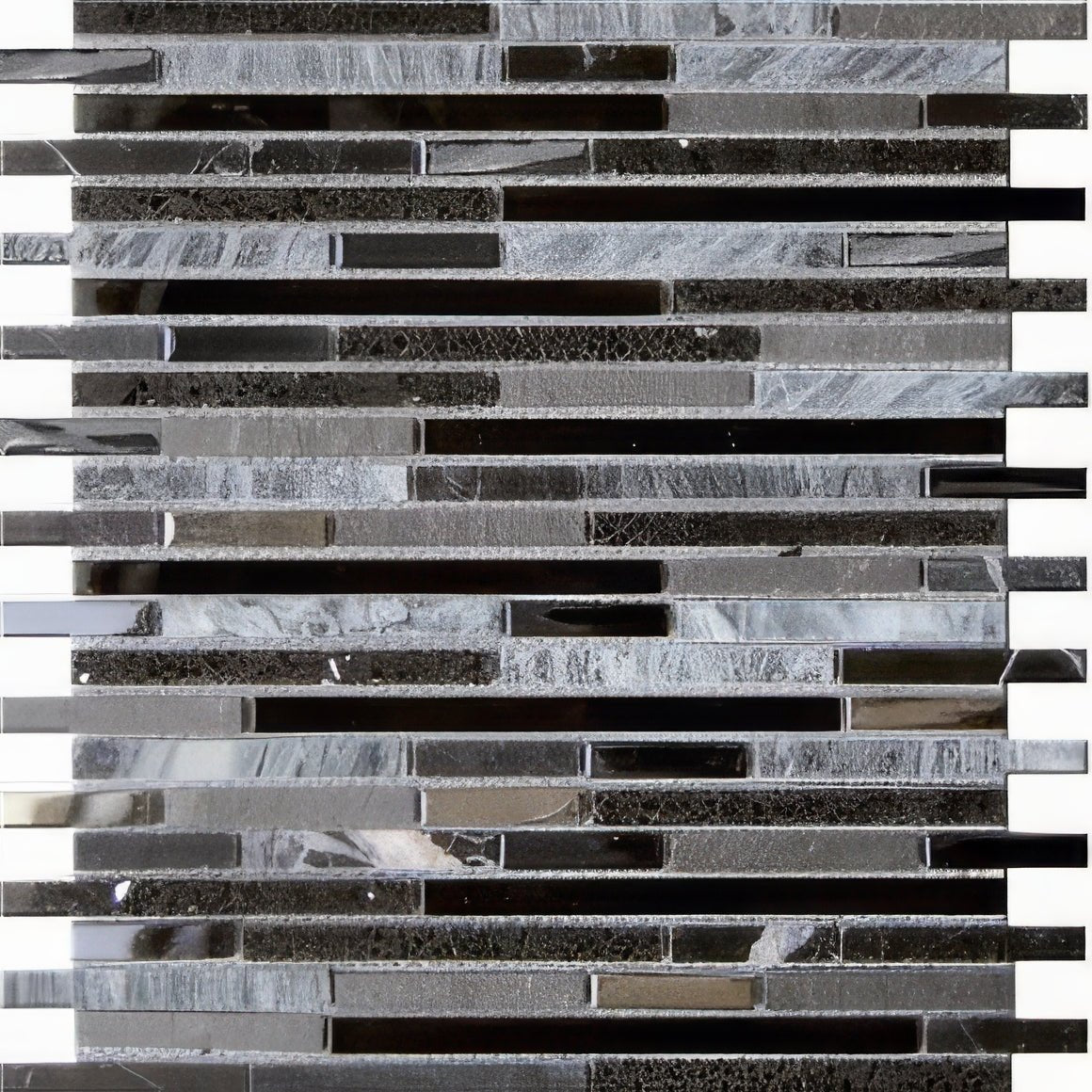 Trip lluvia negra mosaic featuring black and silver metallic tiles in a modern linear mosaic design