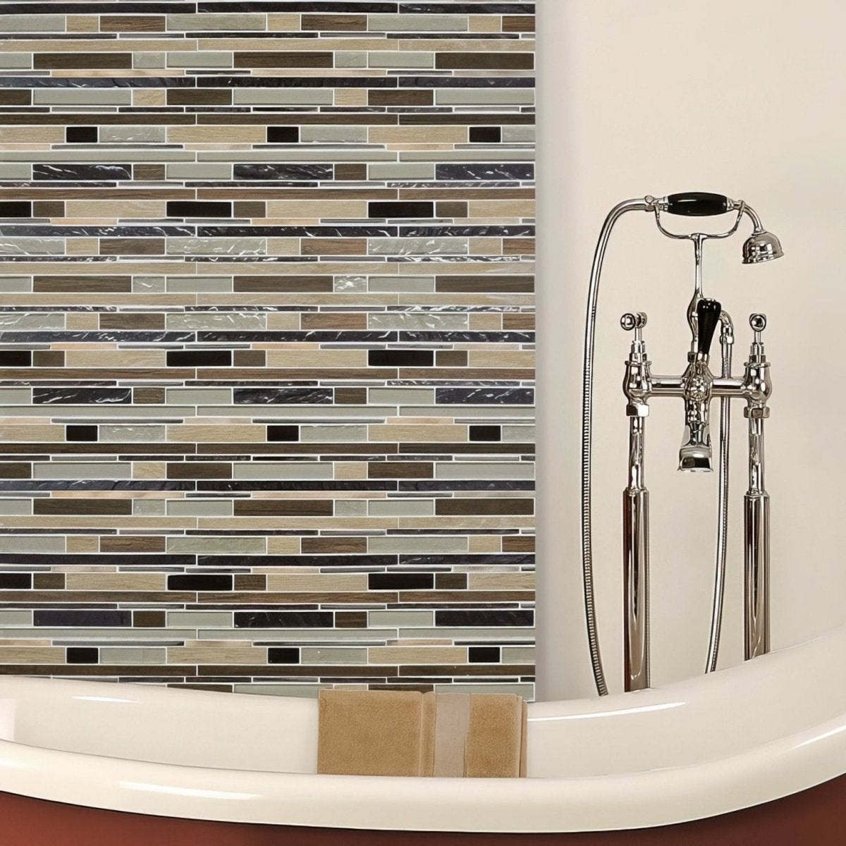 Chrome-finished vintage-style bathtub faucet with black handle and ornate detailing in trip timber beige mosaic background
