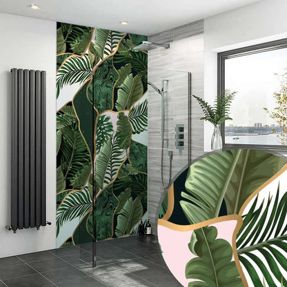 Tropical abstract wall panel featuring a bathroom mural with bold green foliage gold outlines and soft pink accents