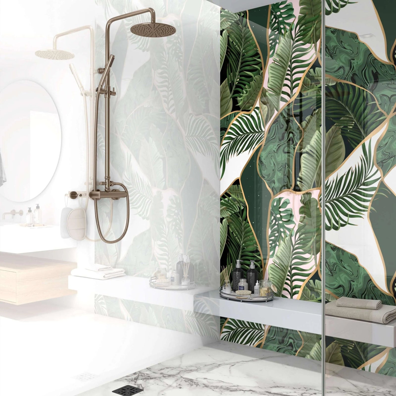 Tropical Abstract Wall Panel green tropical leaf wall panel with a bronze rain shower head