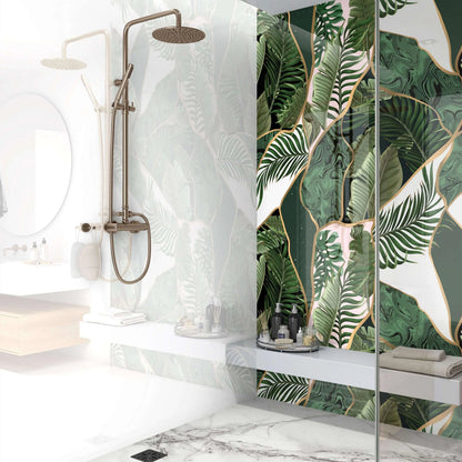 Tropical Abstract Wall Panel green tropical leaf wall panel with a bronze rain shower head