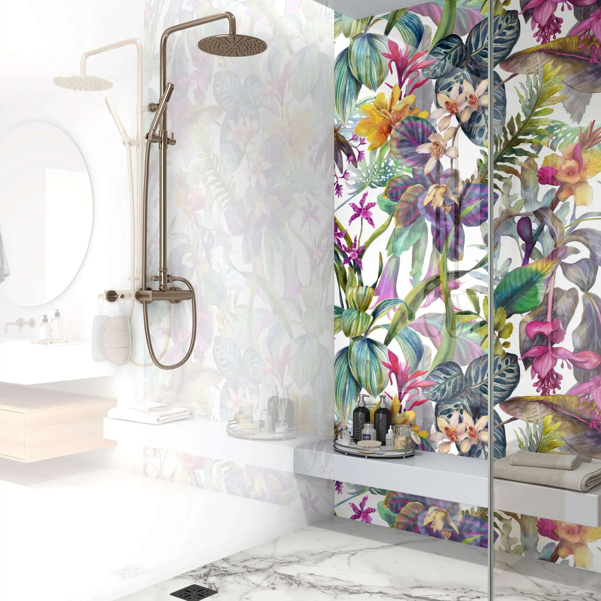 Tropical floral dream shower wall panel featuring vibrant pink purple yellow and orange blossoms with lush green leaves