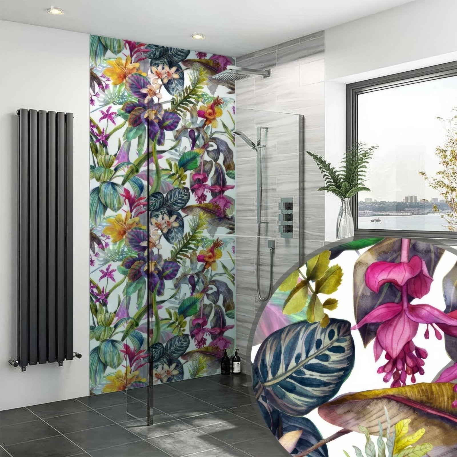 Tropical floral dream shower wall panel with vibrant pink purple and yellow blossoms on white background