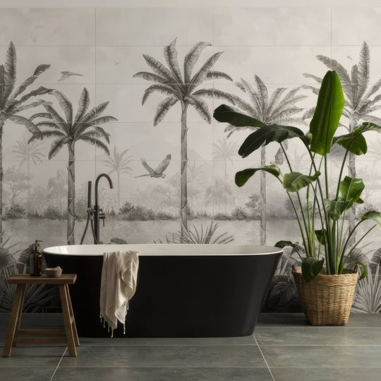Tropical Oasis Monochrome Mural Decorative 24-Tile Set Panel