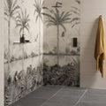 Tropical oasis monochrome decorative 8-tile set panel c featuring black and white palm tree jungle-themed wall tiles