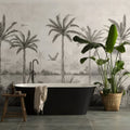 Black freestanding bathtub with sleek modern design and smooth surface in tropical oasis monochrome 8-tile set panel c