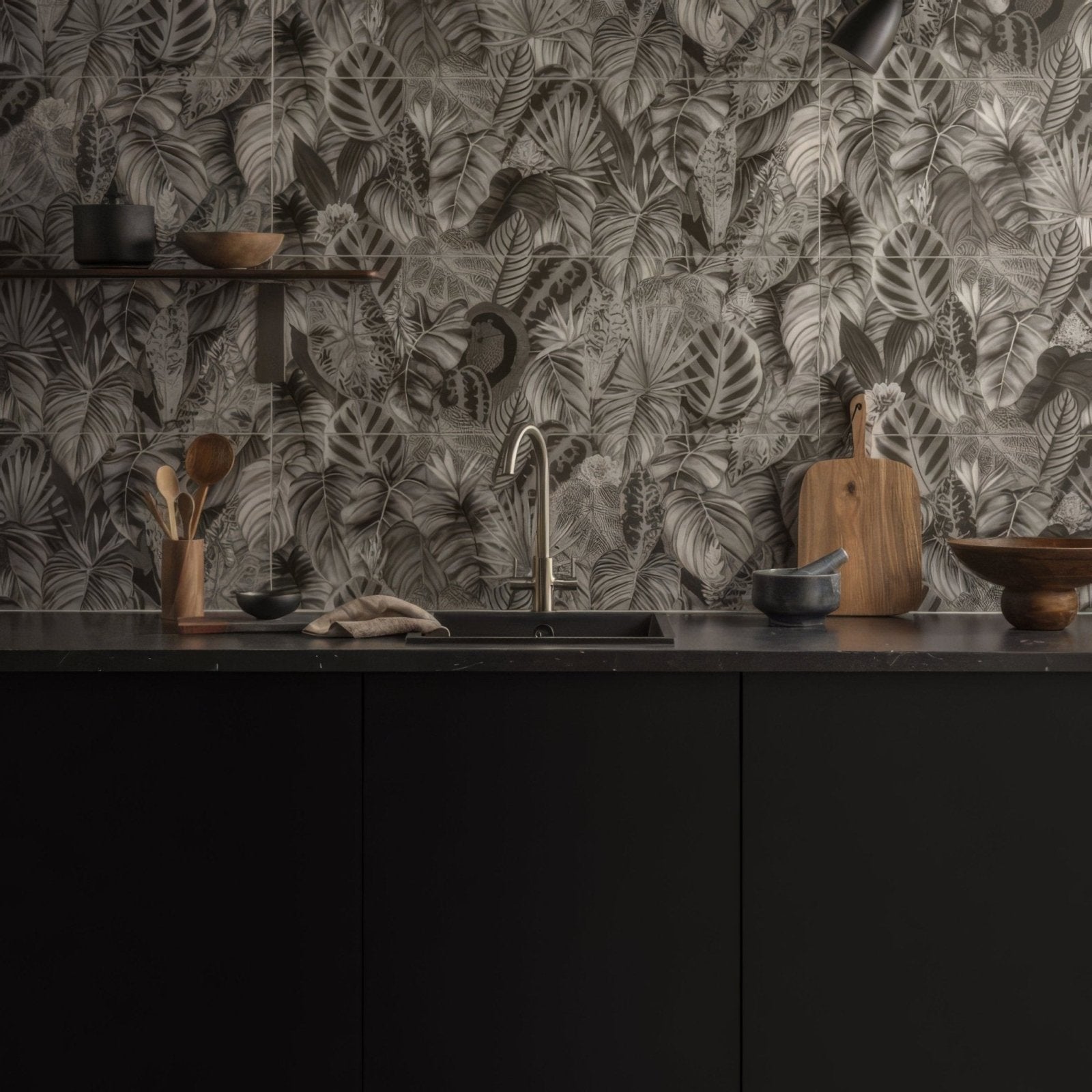 The tropical oasis monochrome single tile with a sleek modern polished chrome faucet and curved spout