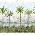 Tropical oasis decorative 8-tile set panel a with lush green palm trees vibrant parrots and a misty river under blue sky