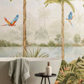 Tropical oasis decorative 8-tile set panel a featuring tropical jungle-themed ceramic wall tiles with vibrant parrots and soft watercolor foliage