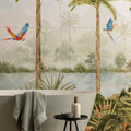 Tropical oasis decorative 8-tile set panel b ceramic wall tiles with blue and red macaws in a misty jungle landscape