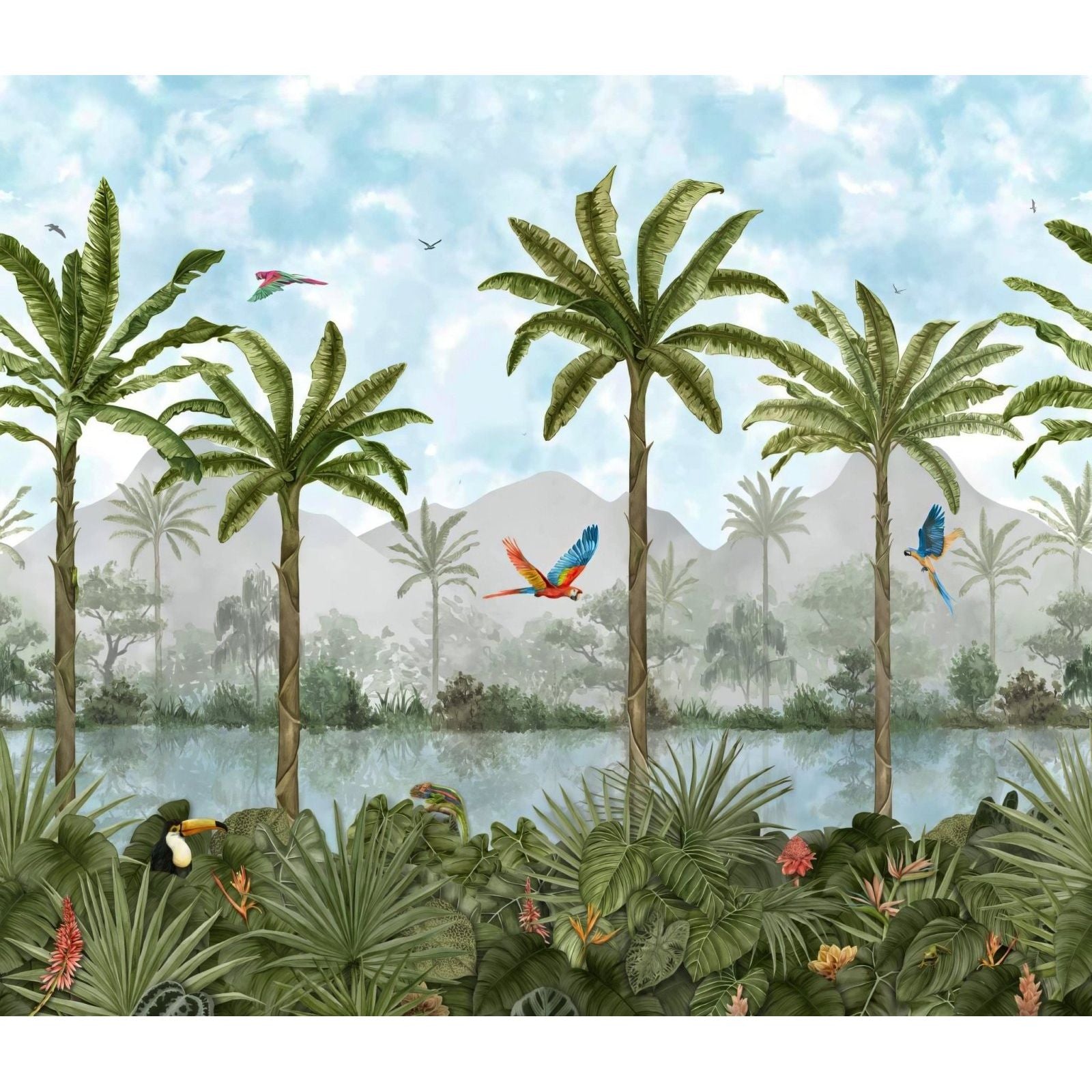 Tropical oasis decorative 8-tile set panel b features lush green palm trees vibrant parrots and a serene waterway wallpaper