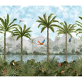 Tropical oasis decorative 8-tile set panel b features lush green palm trees vibrant parrots and a serene waterway wallpaper