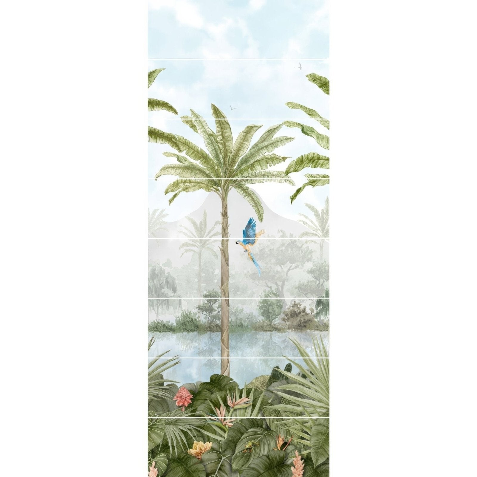 Tropical oasis decorative 8-tile set panel c wallpaper with central palm tree green foliage pink and yellow flowers blue parrot