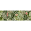 Tropical oasis single tile wallpaper featuring lush layered tropical leaves and pink coral flowers in green shades