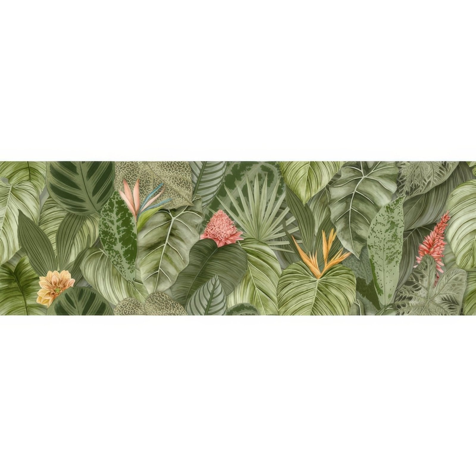 Tropical oasis single tile wallpaper featuring green pink and yellow tropical leaves and flowers for wall decor