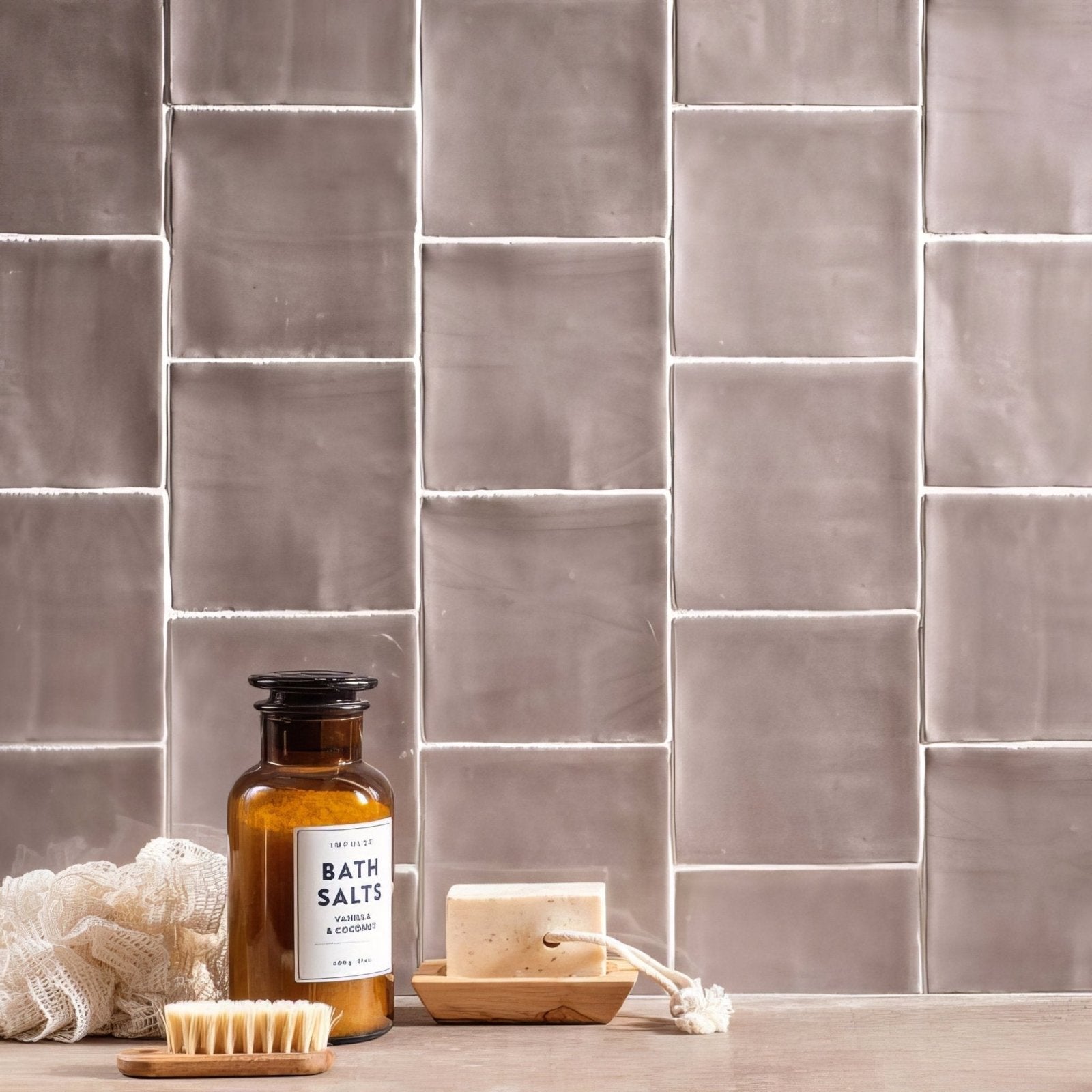 A rustic amber glass bath salts bottle with black cork stopper and minimalist label in truffle field tile style