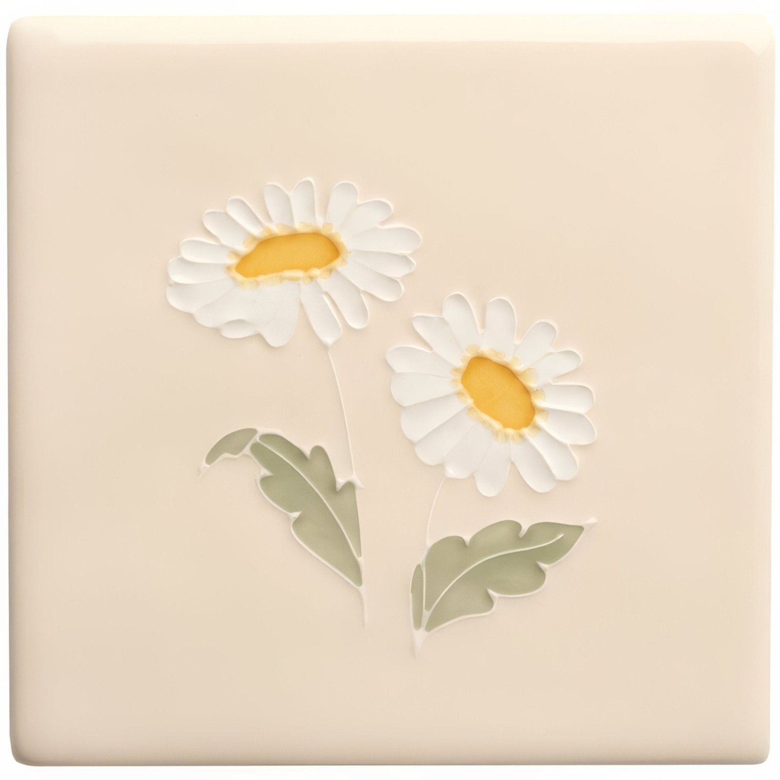 Cream-colored ceramic tile from tubelined floral collection featuring two raised white daisies with yellow centers and green leaves