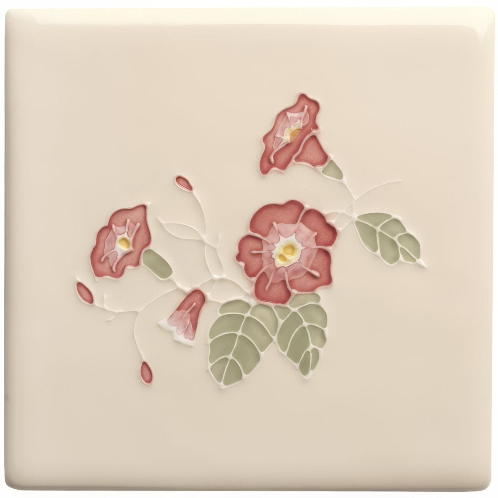 Cream-colored ceramic tile from tubelined floral collection sea bindweed with raised hand-painted pink morning glory design