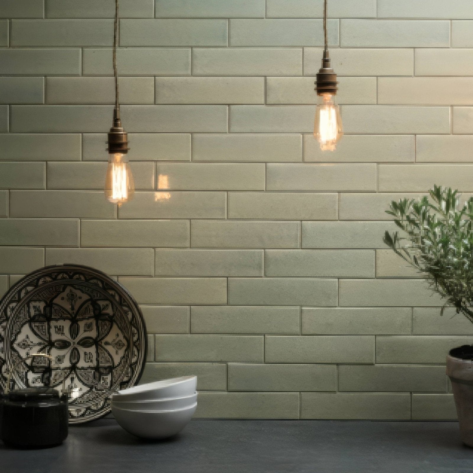 Tundra brick tile light green rectangular subway tile wall with matte finish and visible grout lines