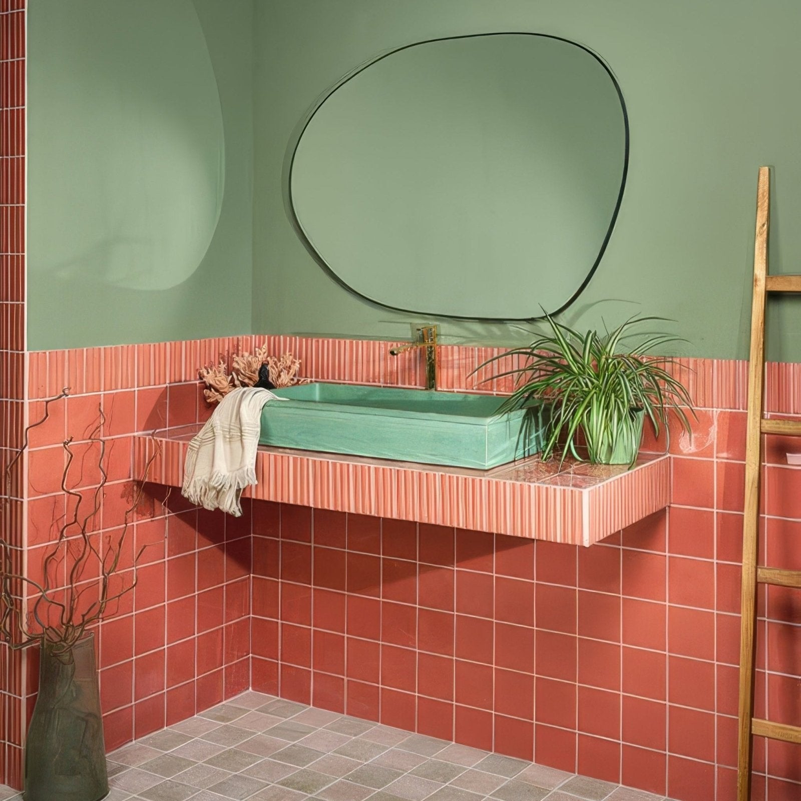 Teal rectangular ceramic sink with a sleek modern design set into a floating coral-colored striped tile shelf