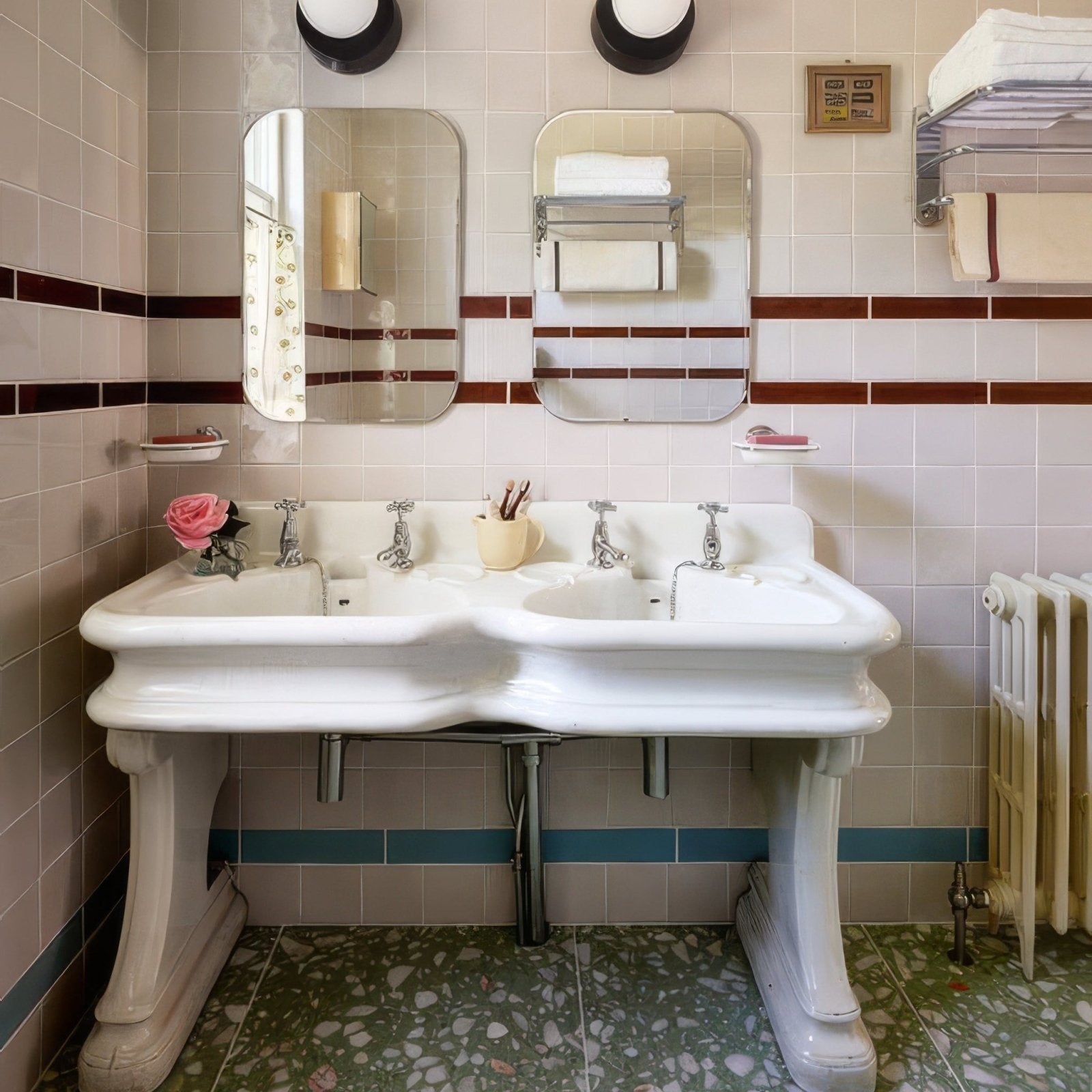 White ceramic double sink tunstall ceramic deep white square with ornate legs and vintage-style chrome faucets