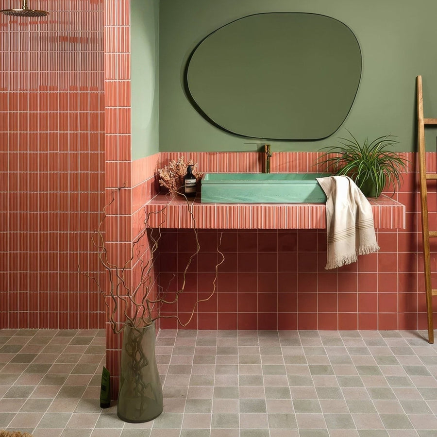 Tunstall Ceramic Fluted Brick Coral in a bathroom setting
