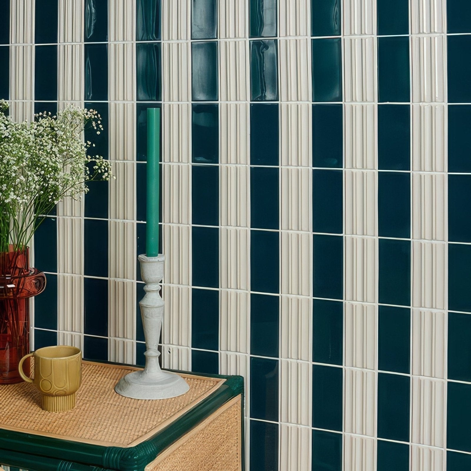 Tunstall ceramic fluted brick deep white with deep teal and off-white vertically ribbed ceramic tiles striped wall pattern