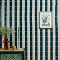 Tunstall ceramic fluted brick tile wall with dark teal and cream vertical stripes in deep white finish