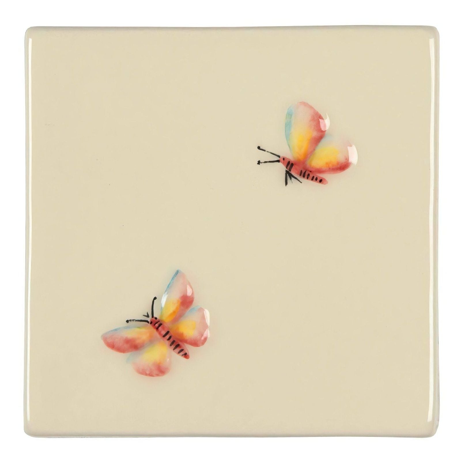 Cream-colored ceramic tile titled Two Butterflies On Off White featuring two raised colorful butterflies with pink yellow and orange wings