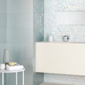 Ultimo Shell Iridescent Mosaic iridescent glass mosaic in a bathroom with a white sink and chrome tap
